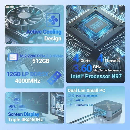 Mini PC MINIX NEO Z97, Intel N97 4 cœurs, 3,6 GHz max., 12 Go de RAM LPDDR5X, SSD 512 Go