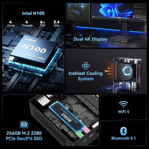 Mini PC GEEKOM Air12 Lite, Intel N100 4 cœurs, 3,4 GHz max., 8 Go de RAM, SSD 256 Go