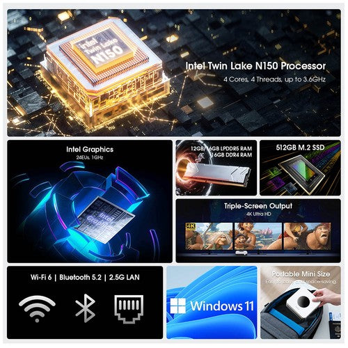 Mini PC CHUWI LarkBox X, processeur Intel N150 quadricœur jusqu'à 3,6 GHz, 16 Go de RAM, disque SSD de 512 Go